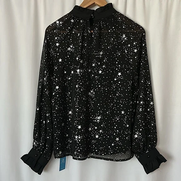 Cupshe NWT Black Silver Stars Ruffled Long Sleeve Blouse Shirt Top **Size S** - Picture 2 of 4